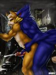  anal_penetration anthro avian biceps blue_eyes canine city cityscape cum cumshot duo erection eyes_closed falco_lombardi feathers fox_mccloud fur gay interspecies lazydez macro male mammal muscles nintendo nude orgasm pecs penetration penis saliva star_fox sweat video_games 