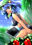  bad_id bad_pixiv_id blue_eyes blue_hair breasts computer flower food hair_bobbles hair_ornament hat kawashiro_nitori medium_breasts midriff mouth_hold popsicle short_hair solo suzu_(suzuko) tan touhou two_side_up watermelon_bar webcam 