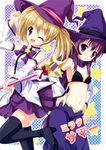  :o ;d bikini_top blonde_hair blue_eyes cosplay endori hat highres mirakurun mirakurun_(cosplay) multiple_girls one_eye_closed open_mouth purple_hair red_eyes rivalun rivalun_(cosplay) smile sugiura_ayano toshinou_kyouko wand witch_hat yuru_yuri 