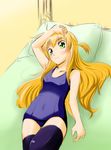  arisa_bannings blonde_hair blush colorized cotonpot green_eyes long_hair looking_at_viewer lying lyrical_nanoha mahou_shoujo_lyrical_nanoha on_back one-piece_swimsuit school_swimsuit smile solo swimsuit thighhighs 
