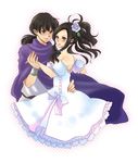  1girl black_hair blue_eyes blush cape couple dancing deborah dragon_quest dragon_quest_v dress flower hair_flower hair_ornament hair_up hero_(dq5) hetero holding_hands icomemo open_mouth wedding_dress 