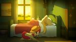  amber_eyes apple_bloom_(mlp) applebloom_(mlp) applejack_(mlp) bed blanket blonde_hair bushes cowboy_hat cub detailed_background equine eyes_closed female feral flower friendship_is_magic fur gign-3208 hair hat horse lasso mammal morning my_little_pony orange_fur photo pillow pony red_hair rope sleeping sun sunrise window wood yellow_fur young 