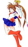  back_bow bishoujo_senshi_sailor_moon blue_sailor_collar blue_skirt boots bow brown_hair choker commentary_request cosplay holding holding_wand jason_(kaiten_kussaku_kikou) knee_boots long_hair lyrical_nanoha magical_girl mahou_shoujo_lyrical_nanoha_strikers raising_heart red_bow red_choker sailor_collar sailor_moon sailor_moon_(cosplay) sailor_senshi_uniform simple_background skirt smile solo takamachi_nanoha twintails wand white_background 