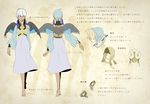  anklet bandana bare_legs barefoot blouse breasts character_sheet covered_eyes dark_skin dress feathered_wings gold_trim hair_over_eyes ina_(nightingale) jewelry medium_breasts multiple_views original pixiv_fantasia pixiv_fantasia_sword_regalia short_hair translation_request turnaround white_hair wings 