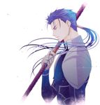  blue_hair earrings fate/stay_night fate_(series) gae_bolg jewelry lancer long_hair male_focus polearm ponytail red_eyes shizimi0218 solo spear weapon 