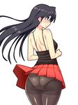  ass bare_back bare_shoulders black_hair blue_eyes earrings fashion jewelry long_hair nokoppa original panties panties_under_pantyhose pantyhose simple_background skirt smile solo underwear white_panties wide_hips 