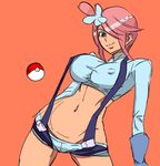  bb_(baalbuddy) blue_eyes breasts colorized contrapposto covered_nipples crop_top fuuro_(pokemon) gloves gym_leader hair_ornament hair_over_one_eye impossible_clothes large_breasts navel pink_hair poke_ball pokemon pokemon_(game) pokemon_bw short_hair short_shorts shorts solo standing taut_clothes 