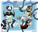  anthro bdsm bear blush bondage bound canine diaper fully_bound grope male mammal pacifier panda shensho suspension wolf 