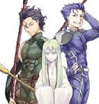  ahoge black_hair blue_hair earrings enkidu_(fate/strange_fake) fate/stay_night fate/strange_fake fate/zero fate_(series) gae_bolg gae_buidhe gae_dearg green_eyes green_hair jewelry lancer lancer_(fate/zero) long_hair male_focus mole mole_under_eye multiple_boys namesake polearm ponytail red_eyes robe spear torinoko_tamago weapon yellow_eyes 