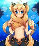  ahoge animal_ears artist_request bad_id bad_pixiv_id blonde_hair blue_eyes bracelet fake_animal_ears hair_censor hair_over_breasts jewelry long_hair looking_at_viewer navel open_mouth seeu solo topless very_long_hair vocaloid 