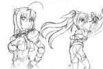  2girls animal_ears armor ass axe baron_(artist) baron_(baron-eros) belt braid breasts cat_ears cleavage crossover dog_days fate_testarossa gauntlets hair_ribbon hand_on_hip hips large_breasts leonmitchelli_galette_des_rois long_hair lyrical_nanoha mahou_shoujo_lyrical_nanoha mahou_shoujo_lyrical_nanoha_a&#039;s mahou_shoujo_lyrical_nanoha_a's mahou_shoujo_lyrical_nanoha_the_movie_2nd_a&#039;s mahou_shoujo_lyrical_nanoha_the_movie_2nd_a's midriff monochrome multiple_girls navel ribbon simple_background single_braid sketch thighhighs twintails weapon white_background 