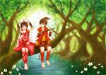  1girl ankle_wrap bad_id bad_pixiv_id barefoot feet flower flute ho-yueh instrument long_hair nature original ponytail river robe short_twintails shorts sitting traditional_media twintails vest water 