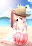  absurdres aqua_eyes bad_id bad_pixiv_id ball blonde_hair blush breasts brown_eyes cleavage cloud day dx_(dekusu) eyes hat highres island moriya_suwako nude ocean panties pyonta sash short_hair sky small_breasts smile solo striped striped_panties touhou underwear 