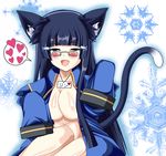  animal_ears aoki_reika bad_id bad_pixiv_id blazblue blue_eyes blue_hair blush breasts cat cat_ears cat_tail cleavage cosplay crossover eien_no_kurayami fangs glasses hair_ornament hairclip happy heart hime_cut jin_kisaragi jin_kisaragi_(cosplay) large_breasts long_hair looking_at_viewer naked_coat power_connection precure school_uniform simple_background smile_precure! snowflakes solo tail translated uniform 