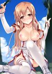  asuna_(sword_art_online) nipples no_bra nopan open_shirt sousouman sword_art_online thighhighs 