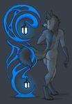  bastek digitigrade fluffy_tail fur glowing glowing_eyes grey_background grey_fur lantern looking_back male mammal nude plain_background solo standing tail_wrap wolf-nymph 