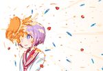  asgr blush cake food food_on_face fruit hair_ribbon highres hiiragi_tsukasa in_the_face lucky_star messy open_mouth pie_in_face purple_eyes purple_hair ribbon ryouou_school_uniform school_uniform serafuku short_hair simple_background smile solo strawberry white_background 