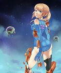 absurdres adapted_costume ass bad_id bad_pixiv_id blonde_hair blue_eyes from_behind highres metroid metroid_(creature) ponytail ragecndy samus_aran torn_clothes zero_suit 