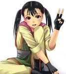 :d bad_id bad_pixiv_id black_hair blush chiko_(kanhogo) dragon_quest dragon_quest_iii fighter_(dq3) fingerless_gloves gloves open_mouth purple_eyes smile solo twintails v 