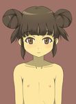  brown_eyes brown_hair daizu_sanchi double_bun flat_chest male_focus nipples nude original otoko_no_ko smile upper_body 