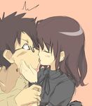  1boy 1girl black_ribbon blush blush_stickers brown_eyes brown_hair character_request closed_eyes daizu_sanchi french_kiss from_side glasses hetero kiss long_sleeves lowres orange_background original ribbon simple_background sketch surprised tongue upper_body wide-eyed wrist_grab 