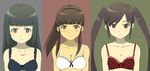  bare_shoulders black_hair blush bra breasts brown_eyes brown_hair cleavage closed_mouth collarbone daizu_sanchi frown hairband highres long_hair mole multiple_girls original plaid small_breasts smile tsurime twintails underwear underwear_only upper_body 
