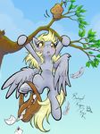  blush cutie_mark derpy_hooves_(mlp) equine female feral food friendship_is_magic grey_skin hair kiss_the_thunder mail mail_bag mailbag mammal muffin my_little_pony pegasus solo tree wings wood yellow_eyes 