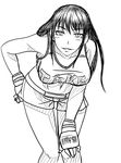  bent_over breasts clothes_writing fingerless_gloves gloves greyscale hand_on_hip hand_on_own_knee ishido_natsuo large_breasts long_hair midriff mixed_martial_arts monochrome natumiao navel shorts smile solo sports_bra teppuu 