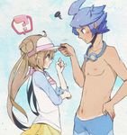  1girl ahoge annoyed blue_hair blush brown_hair couple double_bun height_difference hetero long_hair mei_(pokemon) pantyhose pokemon pokemon_(game) pokemon_bw2 profile raglan_sleeves raichi_(28bit!!) ribbon shizui_(pokemon) skirt twintails visor_cap 