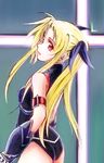  arm_strap armor ass bare_shoulders blonde_hair breasts buckle cowboy_shot fate_testarossa from_side gauntlets hair_ribbon halterneck jason_(kaiten_kussaku_kikou) leotard lipstick long_hair looking_at_viewer looking_back lyrical_nanoha magical_girl mahou_shoujo_lyrical_nanoha mahou_shoujo_lyrical_nanoha_a's makeup red_eyes ribbon sidelocks small_breasts solo turtleneck twintails very_long_hair 