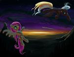  blonde_hair brown_fur building cloud clouds cutie_mark danosix detailed_background equine eye_contact female feral fluttershy_(mlp) friendship_is_magic fur green_eyes grey_hair hair hi_res horse lights male mammal mountain my_little_pony original_character pegasus pink_hair pony river stars sunset two_color_hair two_tone_hair valley whitecloud wings yellow_fur 