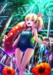  :d ahoge blonde_hair fangs flandre_scarlet flower heart hibiscus highres holding innertube name_tag no_hat no_headwear one-piece_swimsuit open_mouth palm_tree purple_eyes red_eyes ryosios school_swimsuit short_hair side_ponytail smile solo star swimsuit touhou tree water waterfall waterpark wings 