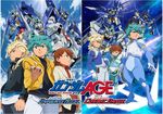  3boys absurdres age_difference asem_asuno asemu_asuno blonde_hair blue_eyes brown_hair closed_mouth copyright_name cover device family father_and_son flit_asuno galaxy game_cover green_hair gundam gundam_age gundam_age-1 gundam_age-2 gundam_age-3 helmet jacket kio_asuno looking male male_focus mecha multiple_boys pilot_suit ponytail serious shirt short_hair sky space star stars symbol time_paradox title_drop young younger 