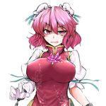  annoyed bandages breasts chain cuffs double_bun flower ibaraki_kasen large_breasts pink_eyes pink_hair rihito_(usazukin) rose shackles short_hair simple_background solo sweatdrop tabard touhou upper_body white_background 