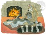  anthro canine civet duo embrace ferret fireplace graywolf indoor lying male mammal mustelid nude wolf wolf-nymph 