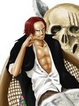  1boy black_jacket hand_rest jacket jacket_on_shoulders jolly_roger leaning male male_focus newspaper one_piece open_collar reading red_hair scar shanks shirt sitting skull smile solo white_background white_shirt 