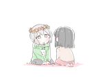  2girls :o aoba_moka bang_dream! beige_shirt black_hair black_pants blush bowwow_(hamju94) child food_print green_eyes green_hoodie grey_hair head_wreath hood hood_down hoodie lowres mitake_ran multiple_girls pants print_hoodie red_skirt short_hair sitting skirt twintails white_background younger 