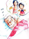  2boys 3boys age_difference beard black_hair brother brothers dreaming dreams facial_hair family freckles grandfather grey_hair jacket_on_shoulders male male_focus marine military military_uniform monkey_d_garp monkey_d_luffy multiple_boys old_man one_piece scar siblings sleeping smile tears thought_bubble traditional_media uniform watercolor_(medium) 