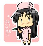  akiyama_mio alternate_hairstyle black_eyes black_hair blush chibi hime_cut k-on! k10k long_hair lowres nurse pink_background shy skirt skirt_tug solo translated 