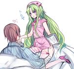  2boys androgynous blue_eyes blush crossdressing green_hair hat high_heels kuuko long_hair male male_focus multiple_boys nurse nurse_cap open_mouth original shoes simple_background thighhighs trap very_long_hair white_background white_legwear 