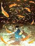  animal bangs black_eyes black_hair blue_kimono bubble closed_mouth fish flock flying_fish from_above from_side gemi goldfish goldfish_scooping hair_bun holding japanese_clothes kimono long_sleeves looking_at_viewer looking_to_the_side obi original poi_(goldfish_scoop) reflection ripples sash smile solo squatting water water_surface wide_sleeves 