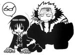  1boy 1girl all_fours angry chibi cigar crawling female fur_trim glasses gloves lowres male marine monochrome one_piece short_hair simple_background smoker smoking tashigi white_background 