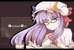  bespectacled book bow crescent cup glasses hair_bow hat long_hair looking_at_viewer patchouli_knowledge purple_eyes purple_hair reading smile solo soramuko steam teacup touhou 
