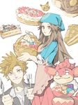  1girl alternate_costume apron basket blue_(pokemon) brown_eyes brown_hair cake carrying cookie food fork fruit gen_1_pokemon gen_5_pokemon headband holding knife long_hair ookido_green pie pikachu pokemon pokemon_(creature) pokemon_(game) pokemon_frlg pokemon_hgss rotasu simisear smile tegaki 