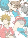  1girl alternate_costume ball blue_(pokemon) brown_eyes brown_hair cheerleader football gen_3_pokemon long_hair ookido_green panties pantyshot pokemon pokemon_(creature) pokemon_(game) pokemon_frlg rotasu skirt spoink tegaki underwear 