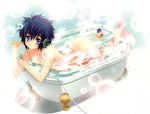  absurdres arched_back ass barefoot bath bathing bathtub blue_eyes blue_hair breasts bubble_blowing carnelian cleavage feet hat headphones highres nude para-sol parted_lips partially_submerged rubber_duck scan short_hair small_breasts solo top_hat water yatabe_miu 