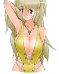  absurdres blonde_hair blush breasts diol_twee highres jewelry large_breasts long_hair navel necklace otomedius red_eyes simple_background solo swimsuit white_background yoshizaki_mine 