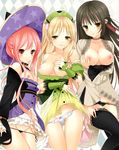  atelier_(series) atelier_ayesha ayesha_altugle bad_id bad_pixiv_id bare_shoulders black_hair black_panties blonde_hair blush bow bow_panties breast_hold breasts brown_eyes frills green_skirt hat linca_(atelier) long_hair makita_maki medium_breasts multiple_girls nipples panties pink_hair print_hat red_hair side-tie_panties skirt small_breasts star star_print underwear wilbell_voll=erslied witch_hat 