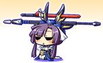  antler apron chibi esoragoto female figment kazuno_(horizon) kyoukai_senjou_no_horizon kyoukaisenjou_no_horizon maid maid_apron polearm purple_hair solo spear sword tea weapon weapon_rack 