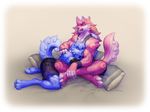  blue_eyes blue_fur blue_nose brown_background brown_nose cain clothed clothing couple digitigrade fur hindpaw j_axer licking licking_lips male paws pillow pink_eyes pink_fur plain_background sagar shirt shorts simple_background tongue tongue_out 